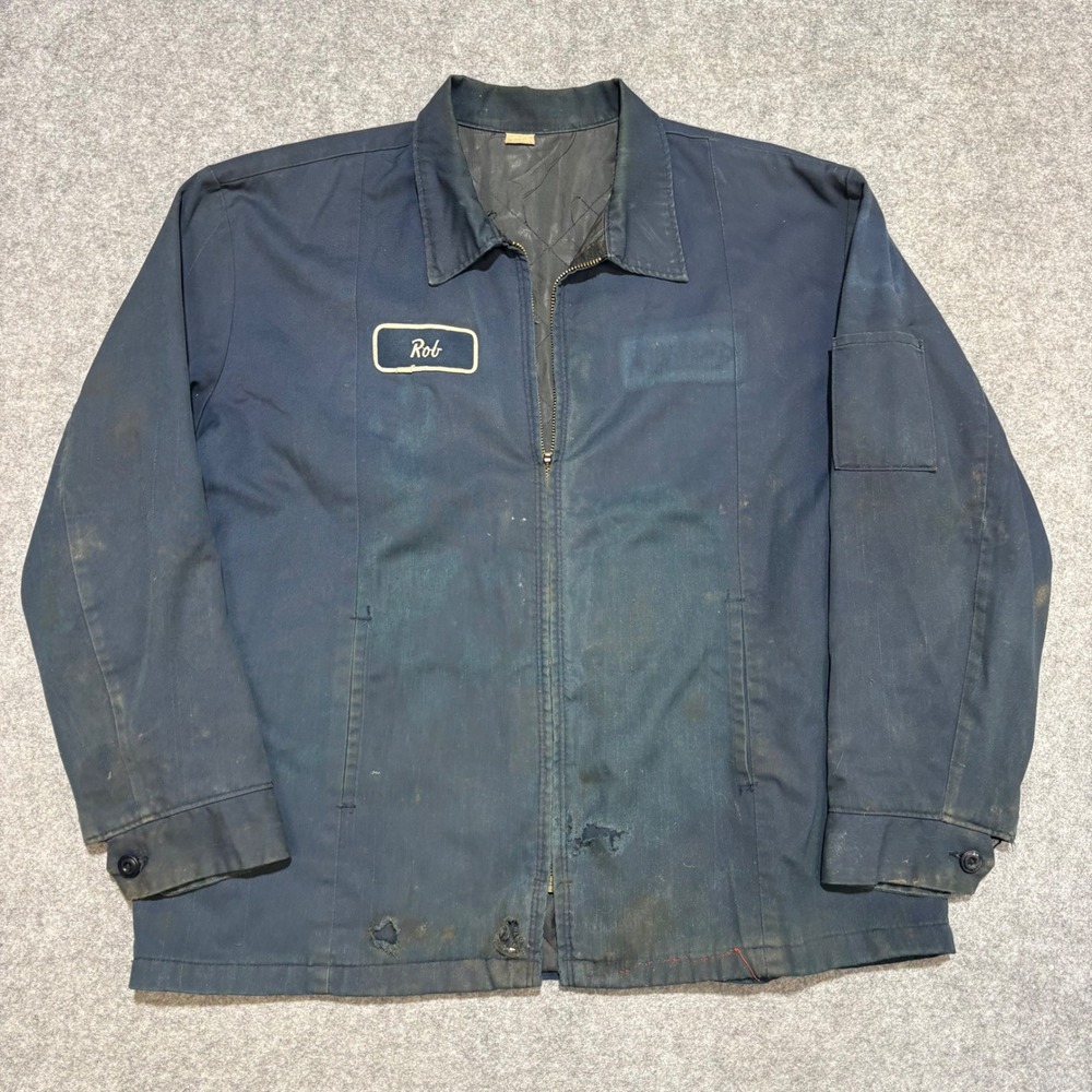 Vintage Navy Blue Quilted Lined Work Jacket Rob Name Patch Distressed Mens XL